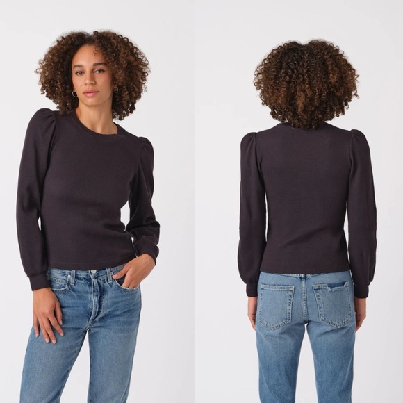 AMO Girly Thermal Top Vintage Black Puff Shoulder Waffle Knit Size XS - Picture 1 of 4